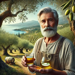 Oudere man in een olijfgaard op Kreta, met een glas olijfolie van DENDRES.